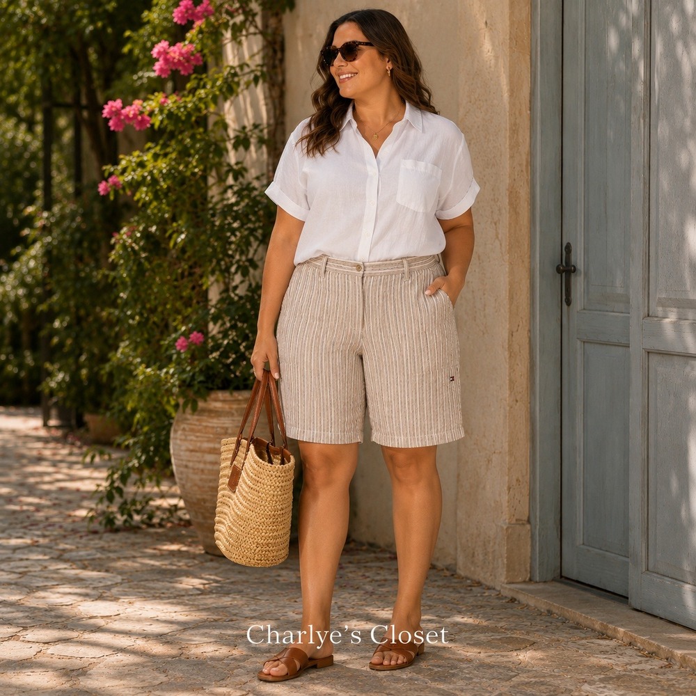 Tommy Hilfiger Woman Bermuda Shorts 20 Beige Striped Seersucker Cotton Preppy